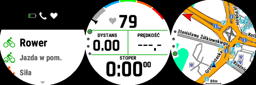 Aktywność rowerowa, ekran danych oraz mapy
